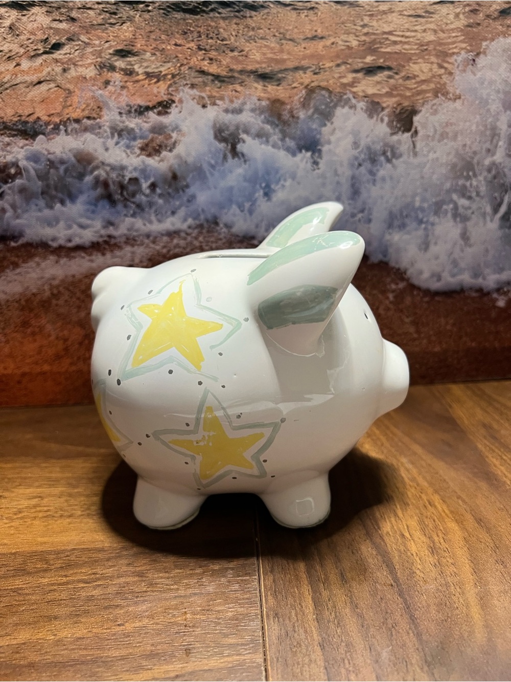 White Ceramic Piggy Bank with Yellow Stars and Mint Accents